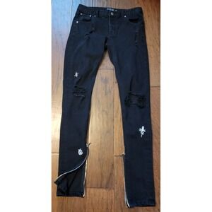 Civil Regime Men's Button Fly Ankle Zip Distressed Black Denim Jeans Size 30x33